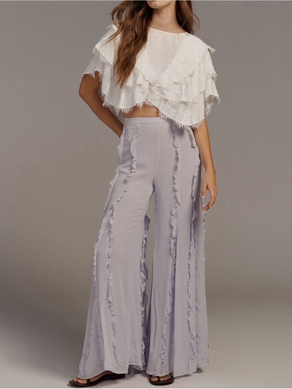 Anthropologie Lavender Ruffle-Trim Wide-Leg Pants
